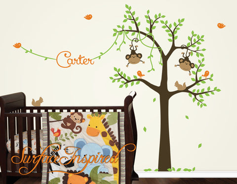 Monkey Tree Wall Decal with Custom Name - Monkeys and Birds on a Monkey Tree Wall Decal