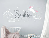 Unicorn With Clouds Wall Decal With Personalized Name Unicorn Clouds Stars Kids Wall Decal Removable Wall Decals Stickers