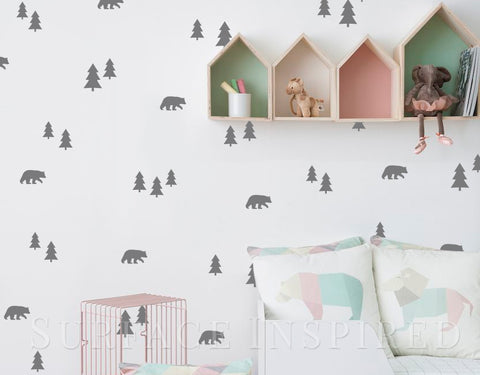 Wall Decals Bears and Trees Nursery And Home Wall Decal Decor Stickers Wall Decals Made in any colors you want!