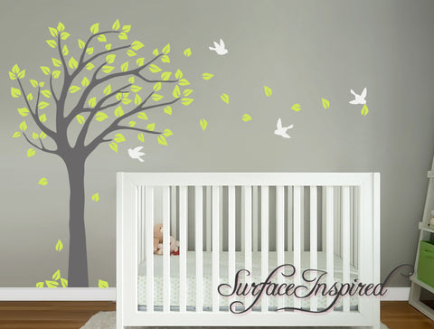 Nursery Wall Decal Blowing Summer Tree Wall Decal With Birds