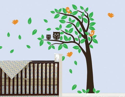 Nursery Wall Decals Blowing Owl Tree Vinyl Wall Decal