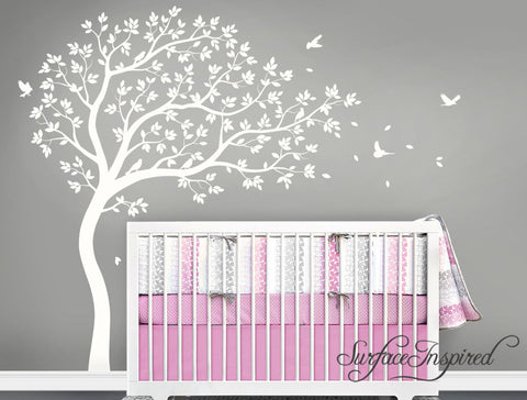 Large Whimsical Summer Tree Wall Decal with Birds. Get custom colors at no charge!