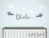 Custom Name Wall Decal - Personalized name wall decal with airplanes Blake Style Monogram