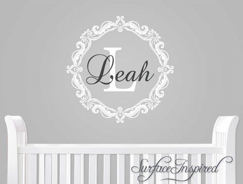 Vintage frame monogram wall decal with personalized name.