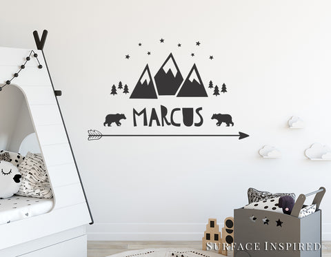 Wall Decal Kids Mountain With Name Wall Decals Nursery Personalized Wall Decal Scandinavian Arrow Stars Bears Trees Mountains Included