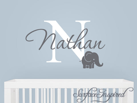 Monogram wall decal with adorable elephant and personalized name