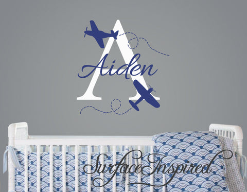 Name Wall Decal - Aiden Airplane Monogram Wall Decals for Nursery