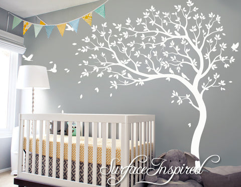 Large Whimsical Summer Tree Wall Decal with Birds. Get custom colors at no charge! 1023