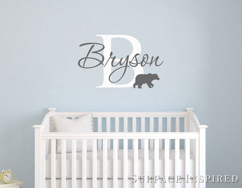 Monogram wall decal with a bear silhouette and a personalized name Bryson Style Decal