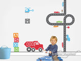 Car Wall Decals for Nursery and Playrooms. Cars, road, helicopter, truck and custom name wall decal included!