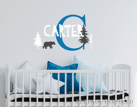 Personalized Name Wall Decal Vinyl Wall Art Carter with Scandinavian Bear and Trees Wall Decal