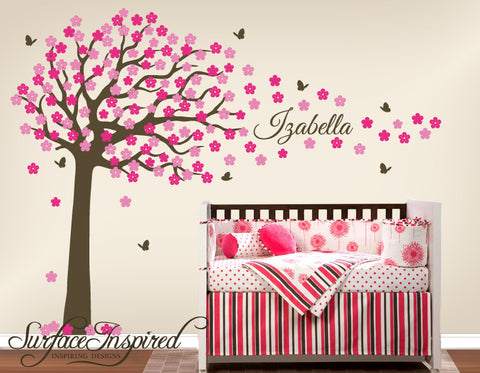 Large Cherry Blossom Tree Wall Decal with Scripted Font