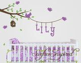 Branch and hanging name wall decal with birds and birdhouse. Tree wall decal for nursery.