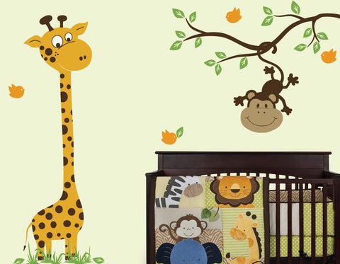 Nursery Wall Decals Baby Giraffe With Monkey Branch Vinyl Wall Decal