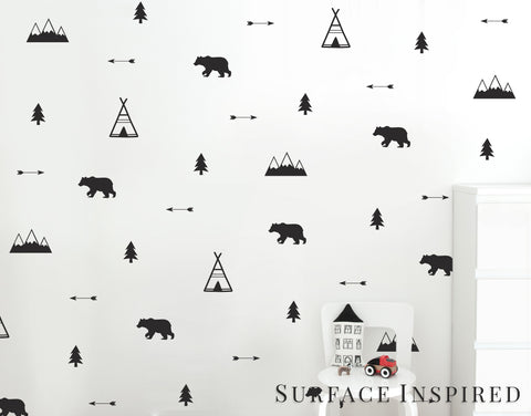 Wall Decals Woodland Bears, Arrow, Teepees, Trees and Mountains Nursery Wall Decal Decor Stickers Wall Cut in Matte Vinyl