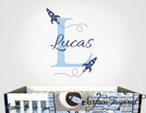 Rocket ship name wall decal for boy nursery. Monogram wall decal for boys rooms.