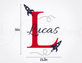 Rocket ship name wall decal for boy nursery. Monogram wall decal for boys rooms.