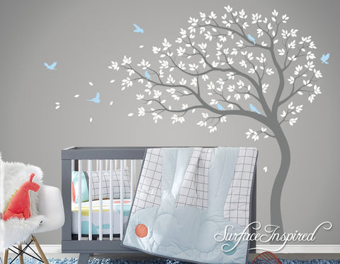 Large Whimsical Summer Tree Wall Decal with Birds. Get custom colors at no charge!