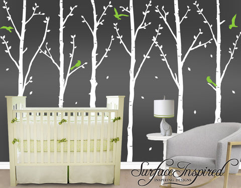 White Winter Tree Wall Decals with Flying Birds and Leaves