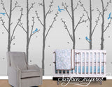 White Winter Tree Wall Decals with Flying Birds and Leaves
